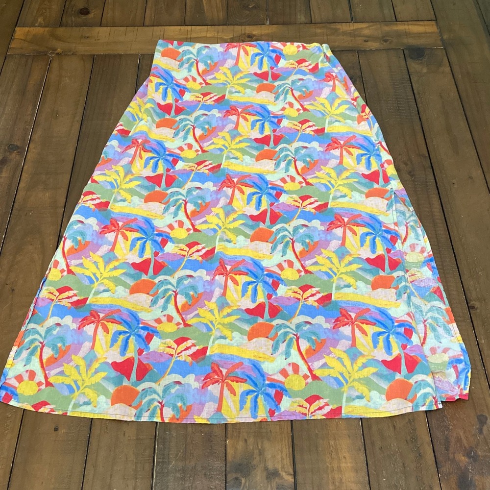 Marine Layer Tropical Palm Tree Sunset Midi Skirt Multi Color Linen Blend 6